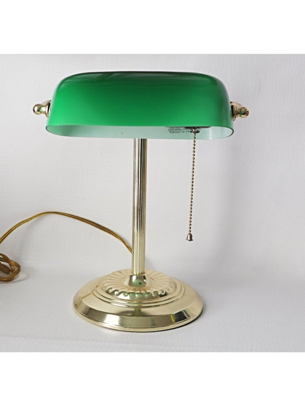 Vintage Brass & Green Glass Bankers Desk Lamp With Pull Chain